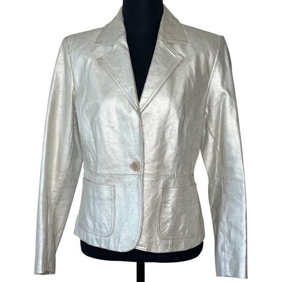 New York & Company Pants - New York & Company Silver Metallic 100% Leather Jacket blazer size 8